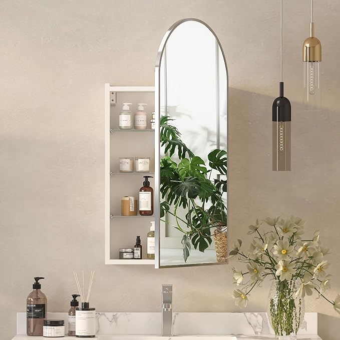 Arched Medicine Cabinets with Mirror,Wall Mounted Brushed Nickel Mirror Cabinet for Bathroom, Metal Edge,Arch Medicine Cabinet Mirror,Bathroom Mirror with Storage,16 x32 Inch