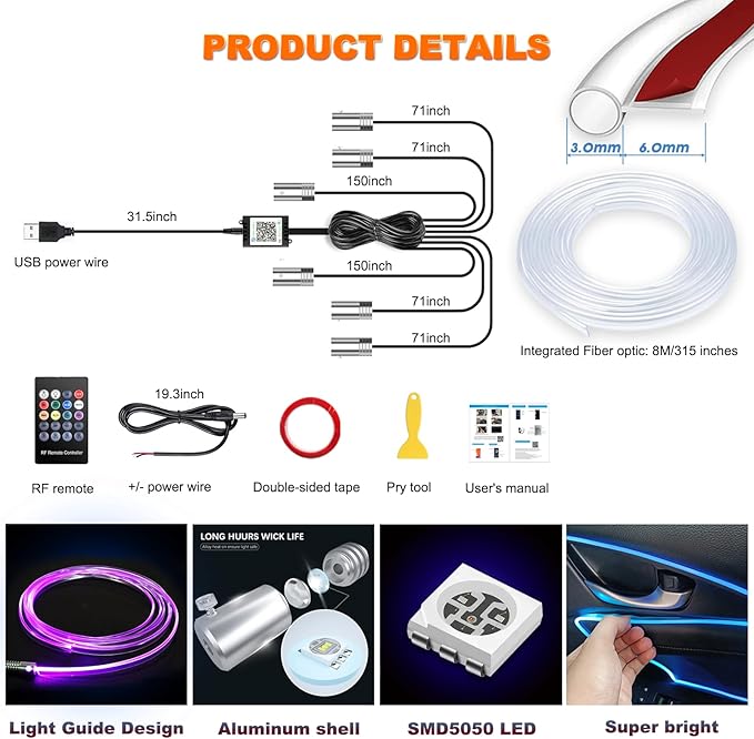 Jushope Car LED Strip Lights, USB Interior Ambient Lighting Kits with Wireless APP and RF Remote Control, 16 Million Colors Music Mode Car Decoration Lights with 315 inches 3.0mm Fiber Optic (6 in 1)
