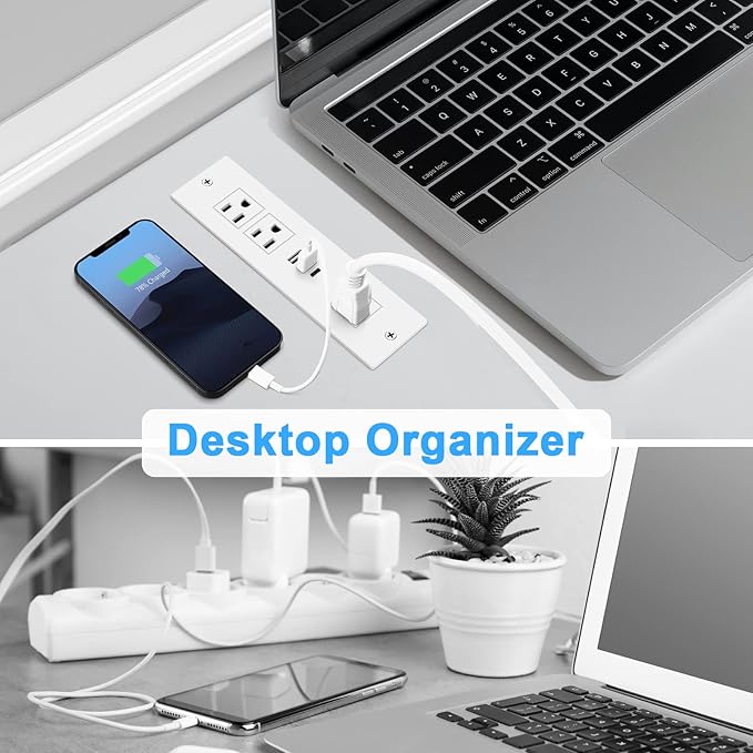 Recessed Power Strip, Furniture Drawer Outlet with 20W PD USB-C & 18W QC3.0 USB-A, Plug in 3 Outlets & USB Ports, Flush Mount 3FT Flat Extension Cord Conference Desk Outlets White