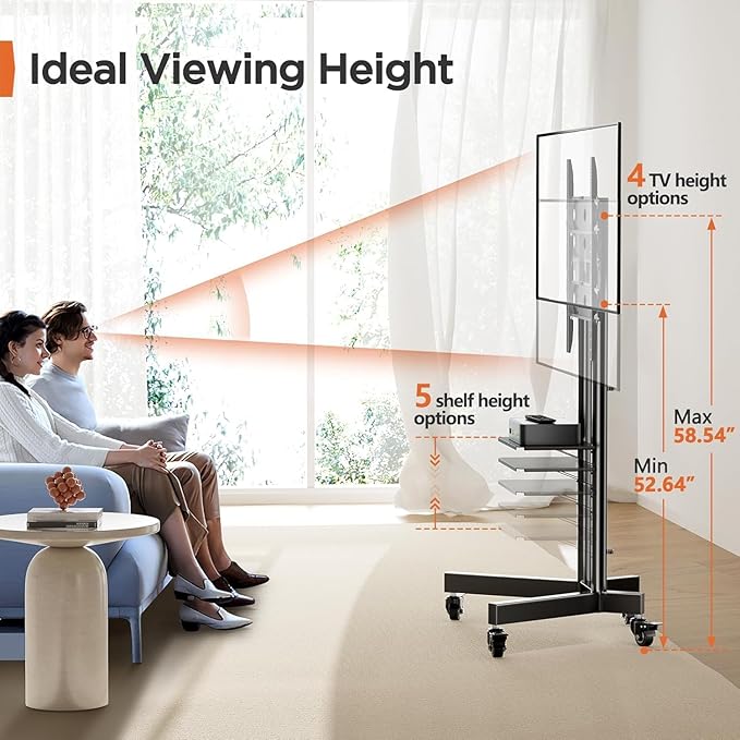Perlegear Rolling TV Stand, Mobile TV Stand on Wheels for 32-85 Inch Screens up to 132 lbs, Height Adjustable Mobile TV Cart with Metal Shelf, Rolling TV Cart with Lockable Wheels Max VESA 600x400mm