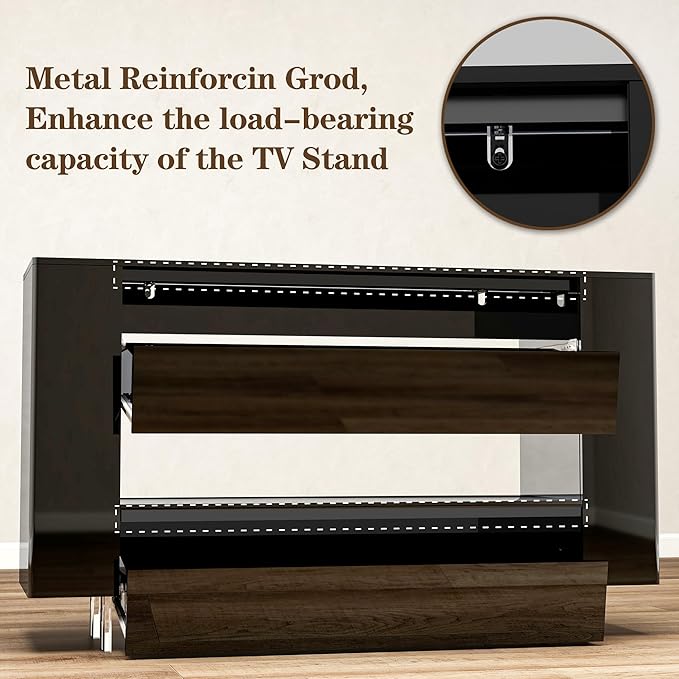 Vavkorkula High Gloss TV Stand for 55 Inch with 2 Large Drawers & Hidden Storage Cabinets, Modern Entertainment Center Television Stands for Living Room Bedroom, Black
