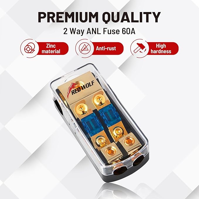 RED WOLF 2 Way Mini ANL Fuse Holder 60A 0/2/4 Gauge Input 4/8 Gauge Output Fuse Distribution Block for Car Boat Trolling Motor Marine Audio Amplifier Stereo Video System