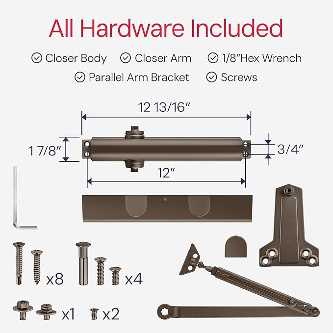 Lawrence Heavy Duty Door Closer Commercial Grade 1 - Adjustable 6-Speed Delayed-Action Door Control with 3 Pistons – Flexible Installation with Included Hardware - Embassy Series LH816
