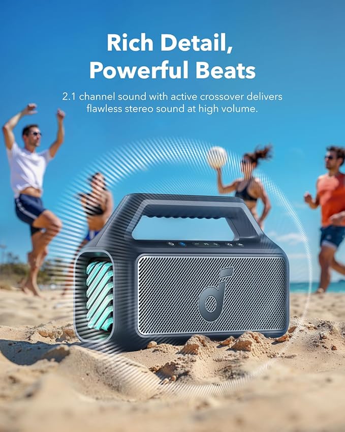 Soundcore Boom 2 by Anker, Outdoor Speaker, 80W, Subwoofer, BassUp 2.0, 24H Playtime, IPX7 Waterproof, Floatable, RGB Lights, USB-C, Custom EQ, Bluetooth 5.3, Portable for Camping and Beach - Blue