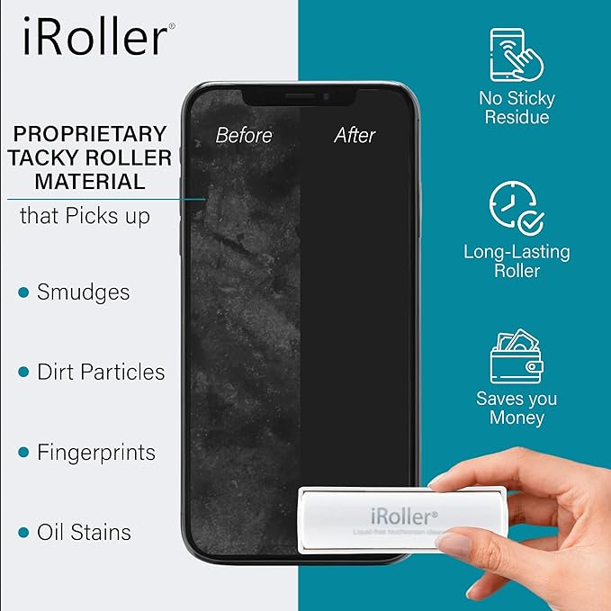 Screen Cleaner by iRoller - No Need for Spray or Wipes - Liquid Free iPad Screen Cleaner Roller Tool - Washable & Reusable - Phone Screen Cleaner Ideal for iPhone, Laptop, Computer Touchscreen - 3.5"