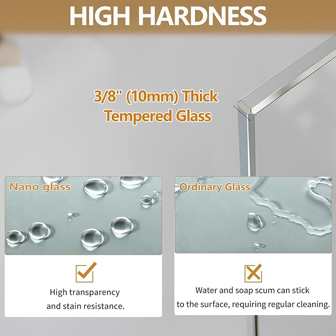 36"x76" Fixed Glass Shower Door, 3/8"(10mm) Thick Mid-Band Frosted Privacy Tempered Glass, Frameless Shower Glass Panel, Shower Screen Half Wall for Walk in Shower, Brushed Nickle