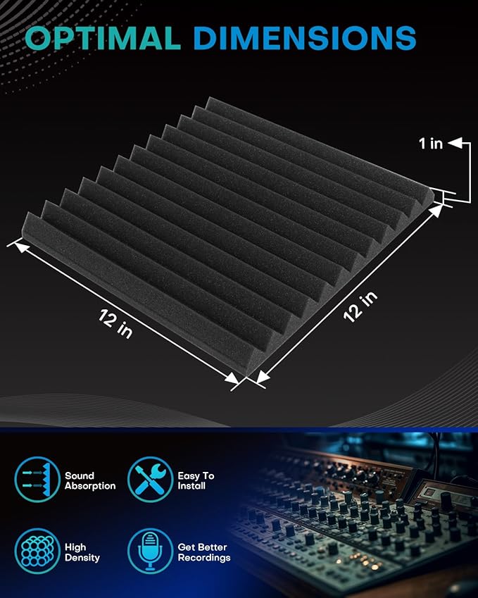 96 Pack Sound Proof Foam Panels for Walls, 1 X 12 X 12 Inches Acoustic Foam Panels, High Density Acoustic Panels Sound Absorbing, Black Gray Noise Cancelling Studio Wedges (NOT INCLUDE ADHESIVE)