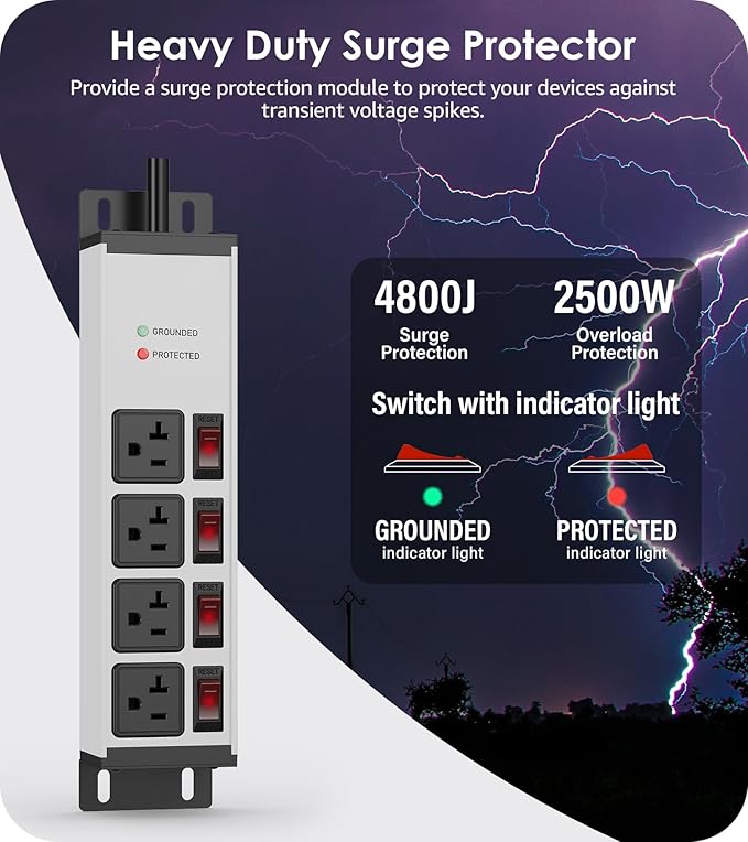 CCCEI Heavy Duty Surge Protector Power Strip 20 Amp Individual Switches. 6FT 12 Gauge Extension Cord with Multiple Outlets. Kitchen, Garage, Shop, Industrial Wall Mount Electric Extender, Grey.