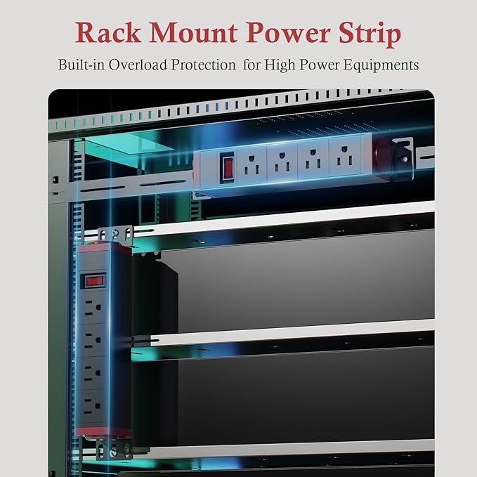 10 inch Rack Mount Power Strips PDU 4 Outlets with Surge Protection & Overload On Off Switch, 1U RackMount Power Strip with 6ft Cord for 10'' Mini Server Network Cabinets/Rack/Self, Black Red