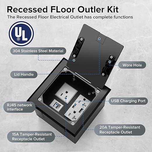 Vagueior Recessed Flat Hidden Floor Electrical Outlet Box Kit,Stainless Steel Cover with 2 * 20A+ 1 * 15A Receptacle Outlet,+2 * 5V/4.8A USB Port+1*RJ45 Port,UL Certified,Black