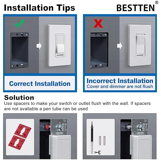 BESTTEN 6 Pack Dimmer Wall Light Switch, Compatible with Dimmable LED, CFL, Incandescent and Halogen Bulb, Single Pole or 3-Way Dimmer Switches, 120VAC, Decorator Wallplate Included, Almond