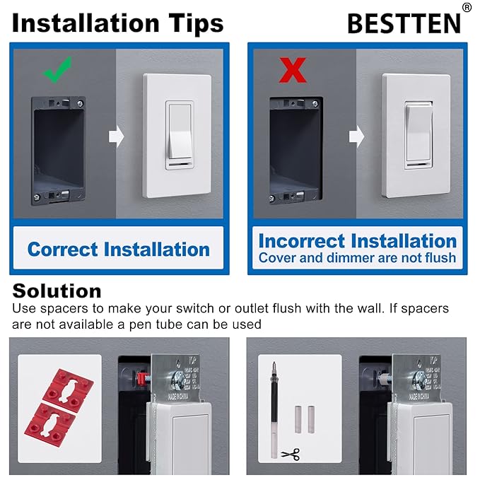 BESTTEN 10 Pack Almond Dimmer Light Switch, 3 Way or Single Pole Dimmer Switches, for Dimmable LED, Halogen and Incandescent Bulbs, 120V, Decorator Wall Plate Included, UL Listed