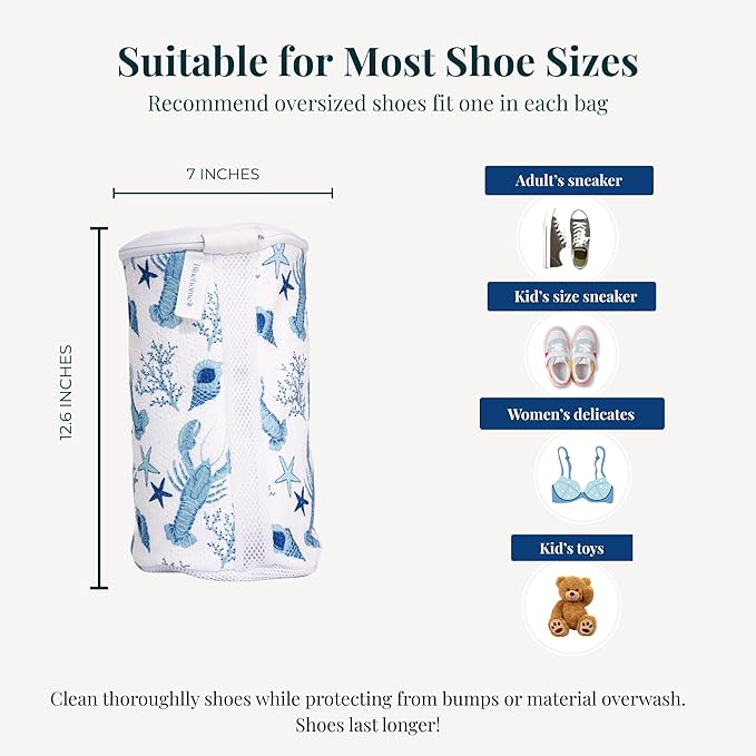 Shoe Washing Machine Bags (2-Pack) with Sneaker Brush – Deep Clean & Protection Thick Chenille Shoe Laundry Bags for Sneakers, Tennis & Casual Shoes, Travel & Storage | Ocean Print | Bluehome