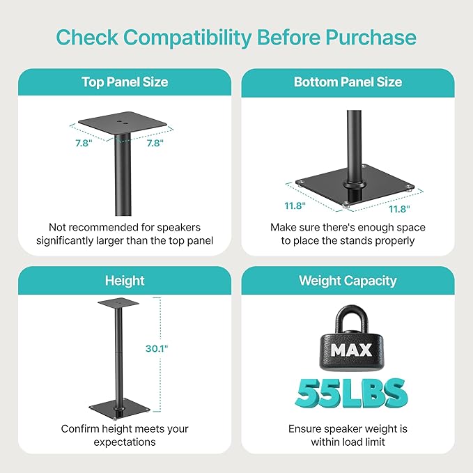 PEGZONE Speaker Stands Pair for Surround Sound,55 LBS Capacity,30.1 inch Floor Bookshlef Speaker Stands,Cable Management,Large Base,1 Pair,Black