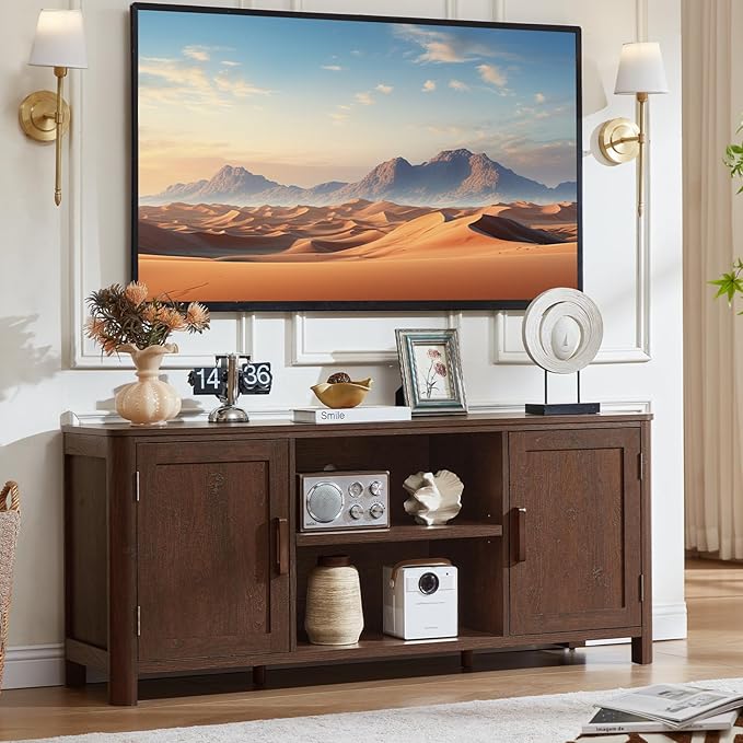 Joaxswe Farmhouse 55" Entertainment Center, Dark Walnut Tv Stand with Adjustable Shelves & 2 Door Storage,Wood Media Console Cabinet for TVs Up to 65 inches, Rustic Tv Stands for Living Room,Bedroom