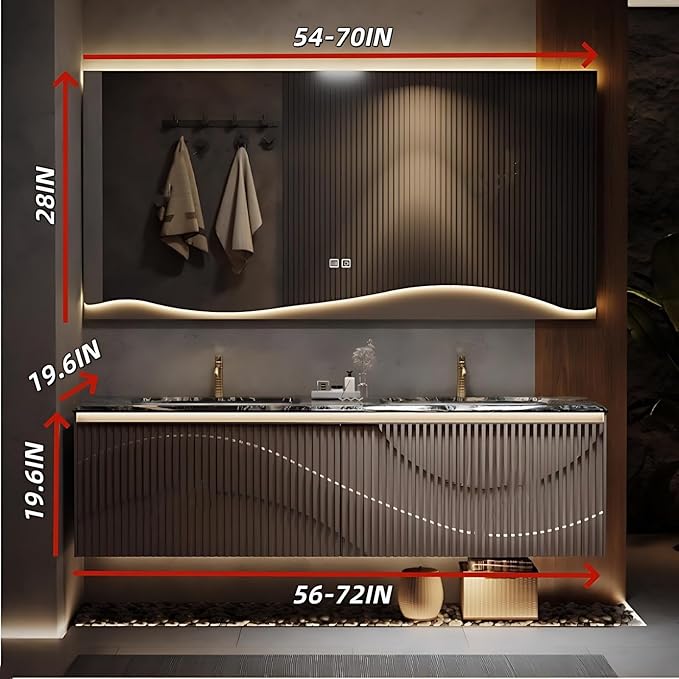 Double Sink Bathroom Vanity - Bathroom Vanities with Tops & Smart Defogging LED Lamp | Innovative Door Panel Design with Concealed Handle, Metal Faucet (Brown, 64IN)