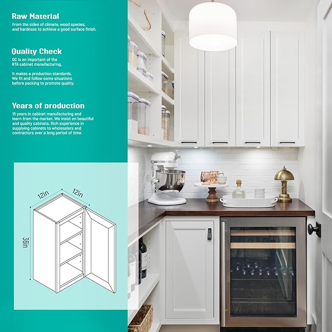 Wall Kitchen Cabinets, RTA Cabinets, White Shaker Cabinet, Wall Mounted, RTA Upper Cabinet, Modern for Kitchen and Bathroom with Door (White, 12" W x 36" H x 12" D)