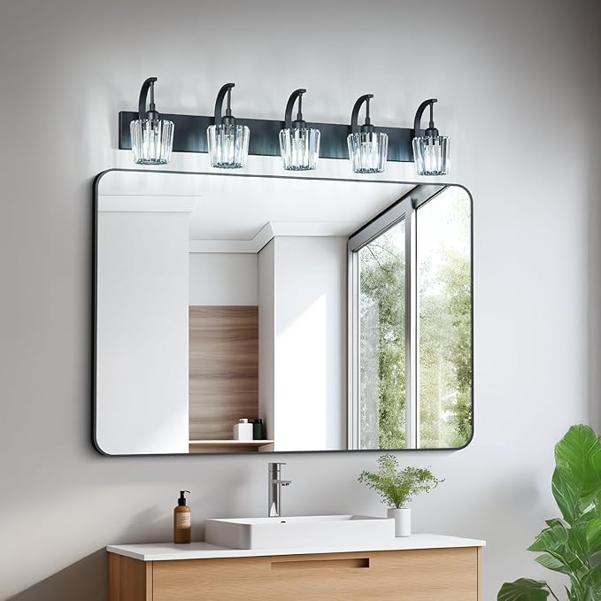 FDPBY Modern Bathroom Vanity Light, 5-Light Black Wall Sconce with Crystal Accents, Over Mirror Bathroom Lighting Fixture, 42.51" Long Dimmable Vanity Lamp for Makeup, Easy Installation