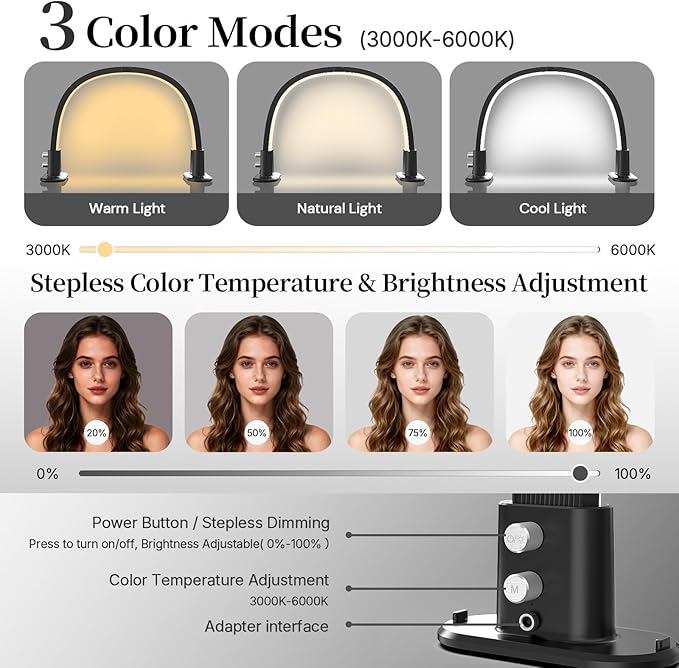Half Moon Light for Nail Desk, Portable Nail Light for Desk with Phone Holder, Stepless Adjustment of Brightness and Color Temperature, Desk Lamp for Nail Tech, Eyelash, Tattoo, Makeup (Black)