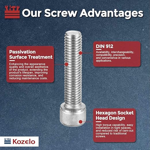 Kozelo 6pcs Socket Head Cap Screws - [M12-1.75 x 45mm] 304 Stainless Steel Allen Socket Drive for Electrical Motor 3D Printing Fan Engine Replacement Use, Silver