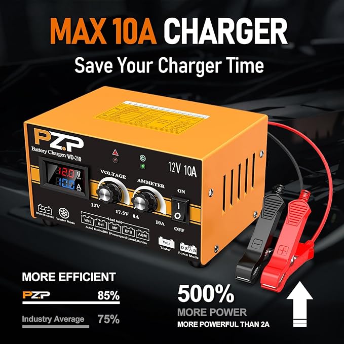PZP 12V Manual Battery Charger Maintainer, 0 to 10A Arbitrarily Adjustable Car Battery Trickle Charger, Battery Desulfator with Repair, Winter Mode, Suitable for Lawn Mower, AGM, Deep Cycle Batteries
