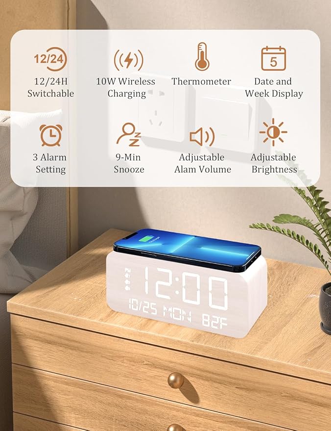 JALL Digital Alarm Clock, with Wooden Electronic LED Time Display, 3 Alarm Settings, Humidity & Temperature Detect, Wood Made Electric Clocks for Bedroom, Bedside, Desk (White-Wireless)