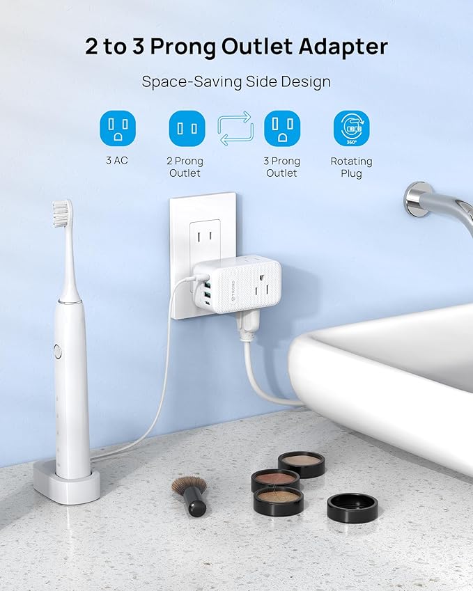 TROND 2 to 3 Prong Outlet Adapter 2 Pack, 3 AC Power Splitter with USB C PD20W & 360 Rotating Plug, Travel Plug Adapter for US to Japan, Wall Outlet Extender for Old House Travel Essentials