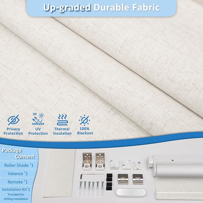 MANSNIX Smart Motorized Blinds with Remote, Cordless No-Drill Automatic Roller Shades, Blackout Electric Blind for Windows, Linen Stone, 34 x 72