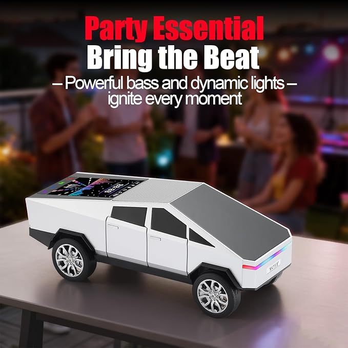 Futuristic Pickup Truck Bluetooth Speaker with LED Display Screen – Practical Gift Choice for Car Model Fans & Audio Users, TWS Stereo, FM Radio, USB/TF Playback, Front LED Headlights, Mic(Silver)