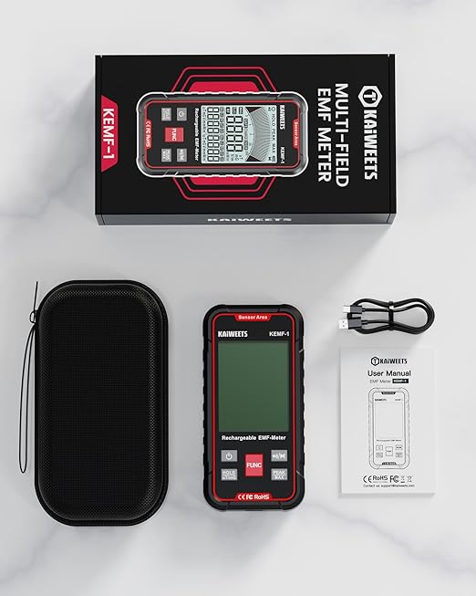 KAIWEETS EMF Detector, 3-in-1 Handheld EMF Meter Detects EF, RF, MF, WiFi Signal, Rechargeable Radiation Detector with 3 Color Backlight and Sound Alarm, Suitable for Home, Office, Ghost Hunting