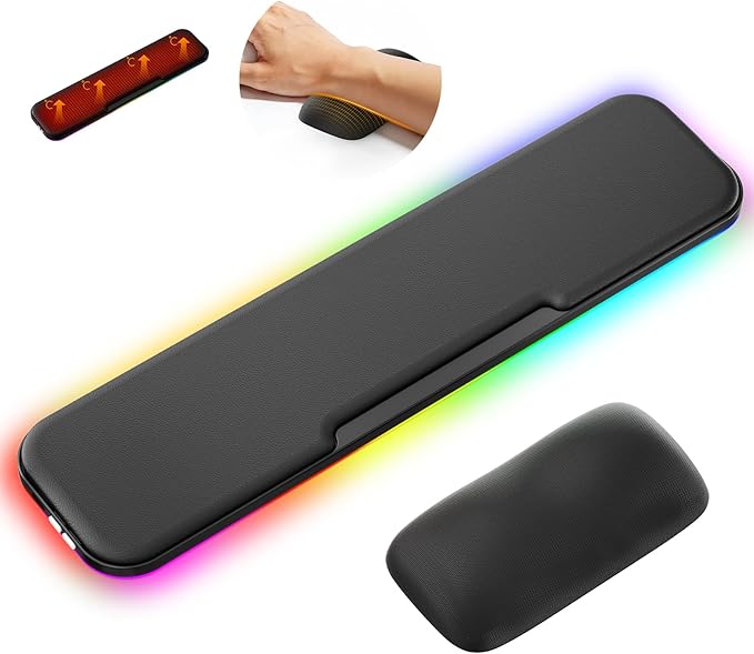 KONDOUND 2-in-1 Heated Wrist Rest Set, Ergonomic Memory Wrist Pad with RGB Lights and Non-Slip Base, Keyboard Mouse Wrist Rest for Computer Laptop Office Work and PC Gaming