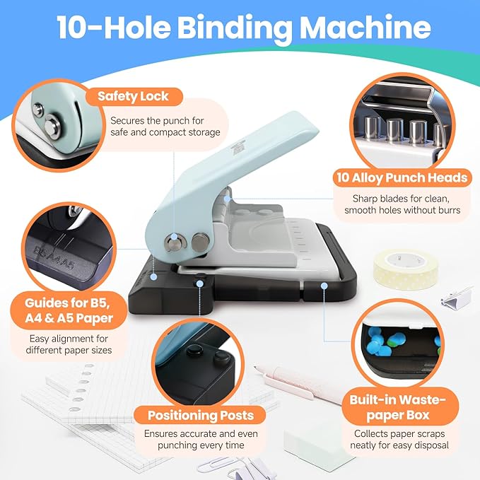 10-Hole Binding Machine for Planners,Metal Punch Loose Leaf Tool 26 Holes for B5, 30 for A4, 20 for A5 Paper,Handheld Manual Book Binder,Notebook Puncher for Home, Office, School, DIY Projects