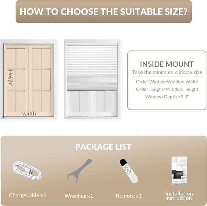 Boolegon No Drill Motorized Cellular Blinds With Remote Motorized Blackout Honeycomb Blinds For Indoor Windows Easy to Install Automatic Cellular Shades For Home,Light Filtering Dark Brown,Custom Size