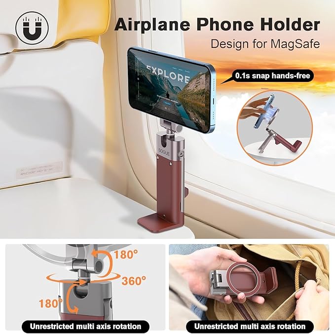 for MagSafe Airplane Phone Holder Mount Travel Essentials for Plane,N55*40 Pro Magnetic Phone Stand for Desk Tray Table 360° Swivel travel gifts for Women Men Airplane Gadgets Cruise Must Haves Red