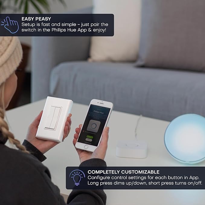RunLessWire Click for Philips Hue – Battery-Free Wireless Smart Light Switch, 30ft Range – Works Natively with Philips Hue Bridge – Wall Mount Kinetic Switch - Decora Style, White
