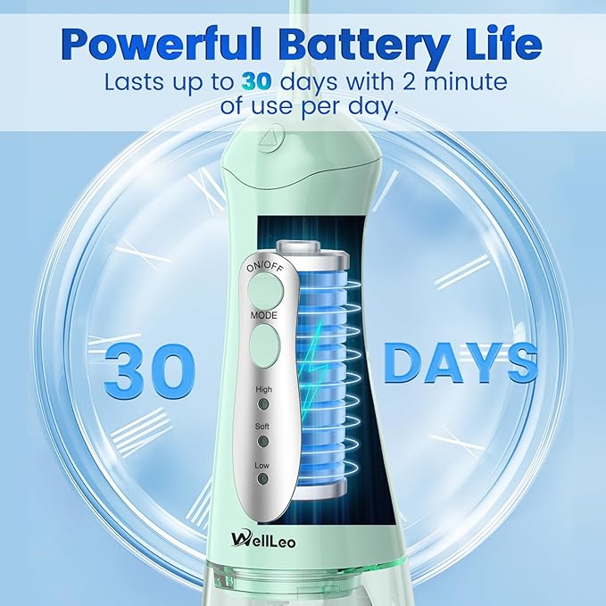 WellLeo Water Flosser for Teeth, Portable Oral Irrigator Rechargeable Water Dental Flosser Pick with High Pressure 5 Jet Tips, IPX7 Travel Water Flossing for Brace Teeth Cleaner Gum Care