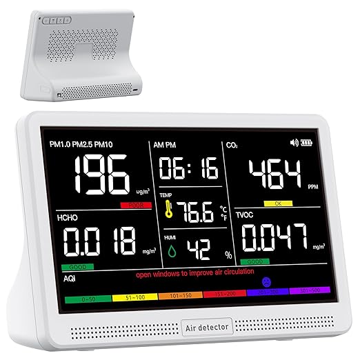 bonoch Upgrade Extended 12-Hour Battery Life 16 in 1 Air Quality Monitor Indoor with 7" Display, Professional Air Quality Meter for CO2, TVOC, PM2.5, PM1.0, PM10, HCHO, Temperature Humidity AQI & Time