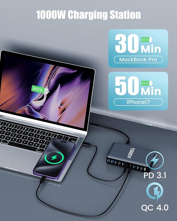 1000W USB C Charger Block,10-Port USB C Charging Station GaN IV Travel Essentials Multiple Port Charging Station,140W Laptop Fast Charger Adapter for MacBook Pro/Air,DELL,iPad,iPhone,Samsung Galaxy