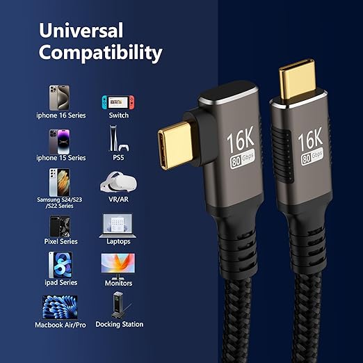 right angle USB C long Cable 10FT Compatible With Thunderbolt 5/4,Type C 240W Fast Charging,USBC 16K@60Hz/8K@120Hz HD Video Output for Display,90 degree USB 5/4 Cable 80Gbps Data Transfer for SSD/Dock