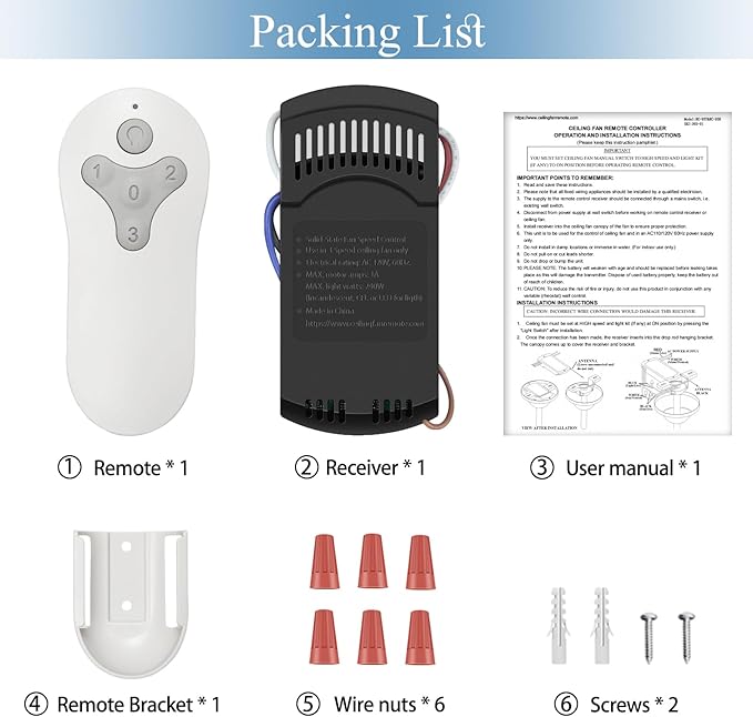 Ceiling Fan Remote Control Kit for Harbor Breeze KUJCE10311 KUJCE10712 TR214B 2AQZU-18018, Universal Remote for 3 Speeds Light Dimmer, Compatible with Harbor Breeze Hampton Bay Hunter and Other Brands