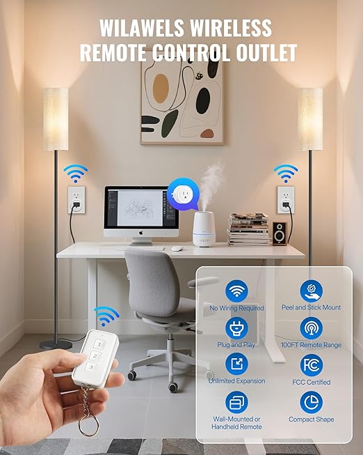 Remote Control Outlet, WILAWELS Wireless Light Switch with Removable Base, On Off Remote Outlet Switch for Light, Lamp, Appliance, 100ft RF Range, 10A/1250W, Expandable, 1 Remote for 3 Plugs W14RC1306