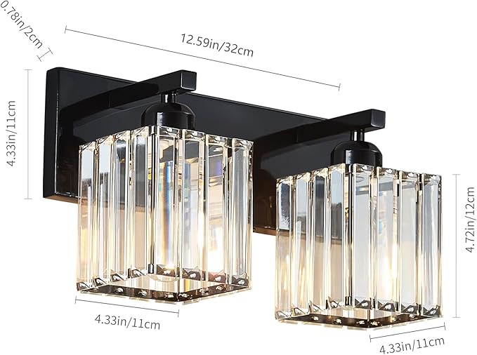 FDPBY Modern Bathroom Vanity Light 2-Lights Plating Black Crystal Bathroom Wall Light Vanity Light Fixtures