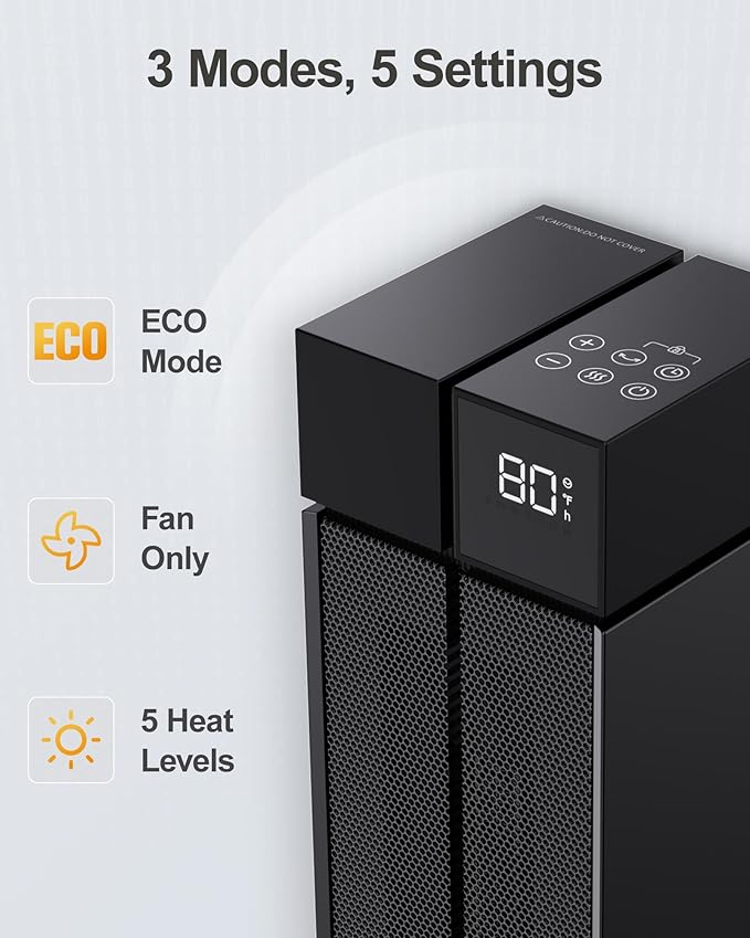 ComDomus Space Heater Large Room, 25” Electric Room Heaters for Indoor Use with 120° Oscillation, 3 Heat Levels, 3 Modes, Multiple Safety Protections, 12H Timer, Black Ceramic Tower Heater for Bedroom