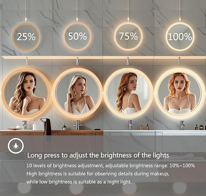 Wall-Mounted Round Bathroom Mirror with LED-Lights - 36 Inch Vanity Mirrors with Dimmable (36" x 36",Frameless)