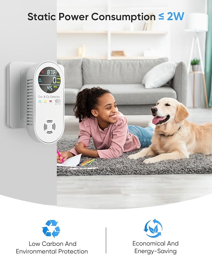 Vilfet Carbon Monoxide Detectors & Natural Gas Detector, 4-in-1 Carbon Monoxide Detectors Plug in, Gas Leak Detector with Dual Alarms, Temperature & Humidity Sensor for Home, RV, White, 3 Packs