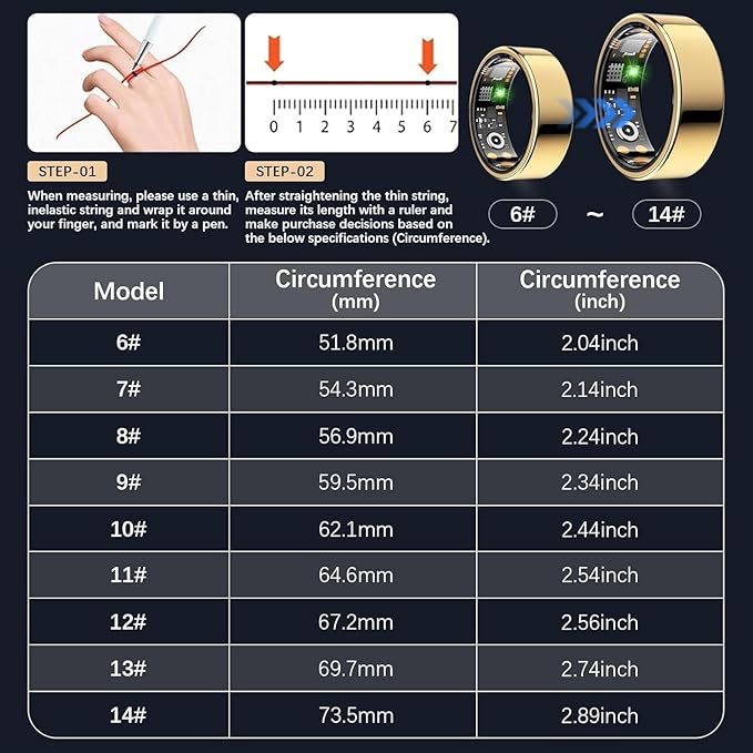 Smart Health Ring for Women Men, Fitness Tracker Ring with Heart Rate, Blood Oxygen, Sleep Tracker, Step Tracker, No Subscription Fee, IP68 Waterproof Smart Ring for iPhone & Android (Gold, 7#)
