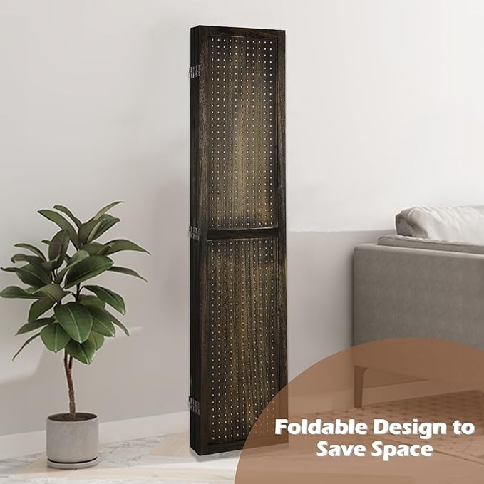 ECOMEX 4 Panel Room Divider, 5.6Ft Pegboard Display Wooden Room Divider Folding Privacy Screen Room Divider Freestanding Peg Board Display for Trade Show Craft Show Home Wall Organizer, Retro Brown