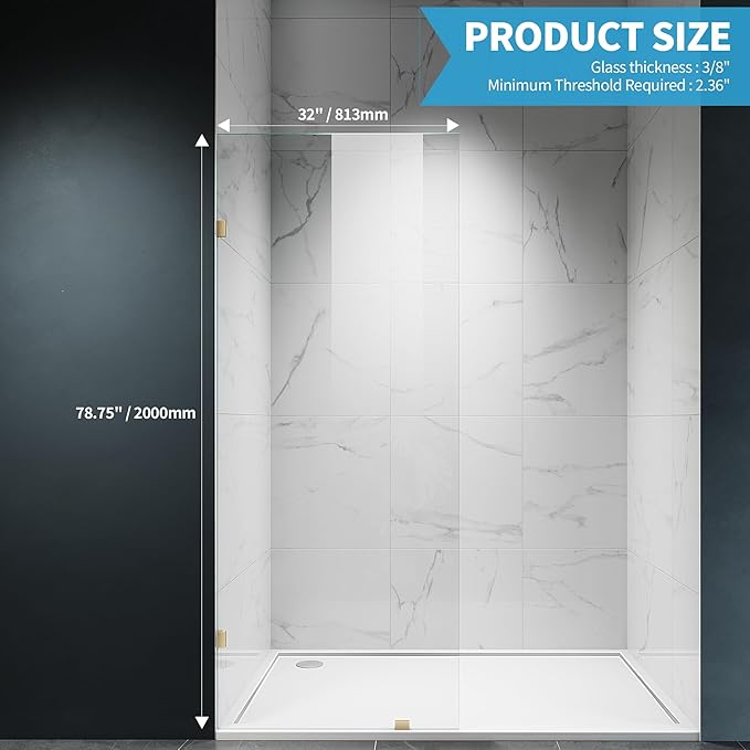 Shower Glass Panel, 32" W x 78.75" H Fixed Shower Screen Panel with 3/8"(10mm) SGCC Clear Tempered Glass, Frameless Walk in Shower Door for Bathroom (Bright Gold, 32" W x 78.75" H)