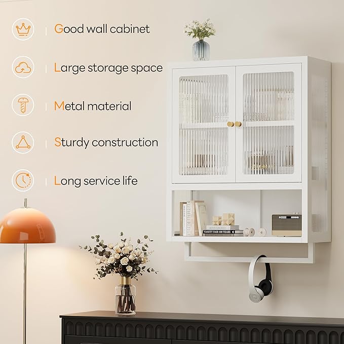 Bathroom Wall Cabinet with 2 Glass Door, Bathroom Medicine Cabinet with Towels Bar and Shelves, Over The Toilet Storage Cabinet, Metal Wall Mounted Cabinet for Kitchen (Upgraded White)