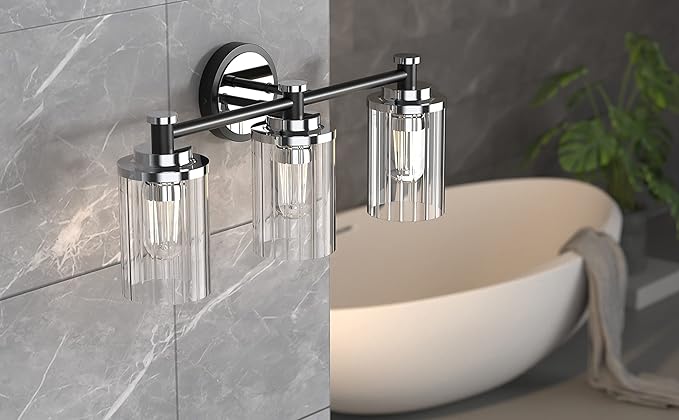 PHIXART Bathroom Lighting Fixtures Black and Chrome Bathroom Vanity Light with Cylindrical Clear Stripes Glass Lampshade E26 Socket Base Bathroom Lighting Fixtures Over Mirror (3 Lights)